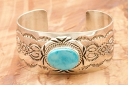 Genuine Blue Kingman Turquoise Sterling Silver Navajo Bracelet